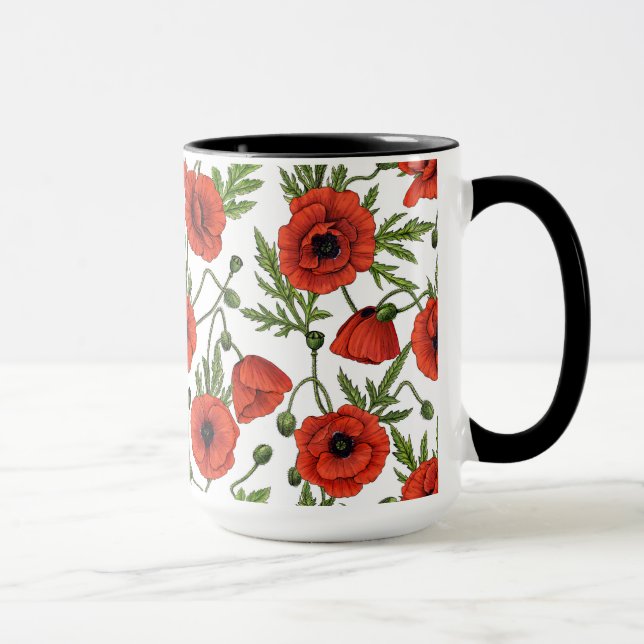 Poppies, red and green on  white mug (Right)