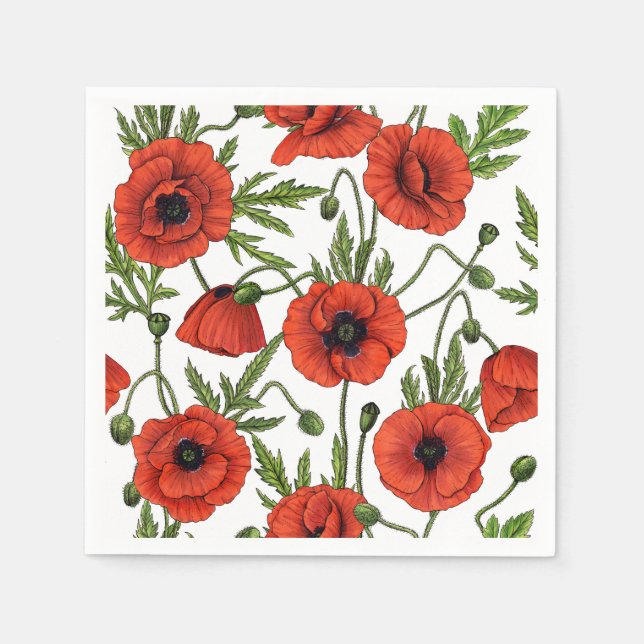 Poppies, red and green on  white napkins (Front)