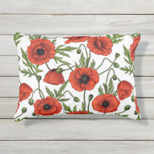 Poppies, red and green on  white outdoor pillow