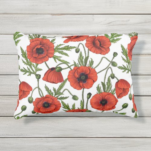 Poppies red and green on  white outdoor pillow