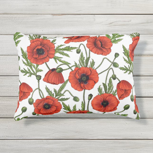 Poppies, red and green on  white outdoor pillow (Front)