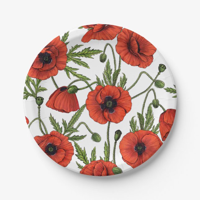 Poppies, red and green on  white paper plates (Front)