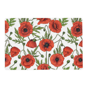 Poppies, red and green on  white placemat