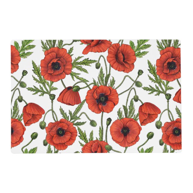 Poppies, red and green on  white placemat (Front)