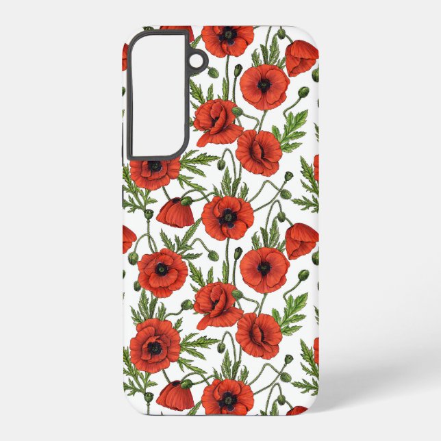 Poppies, red and green on  white samsung galaxy case (Back)
