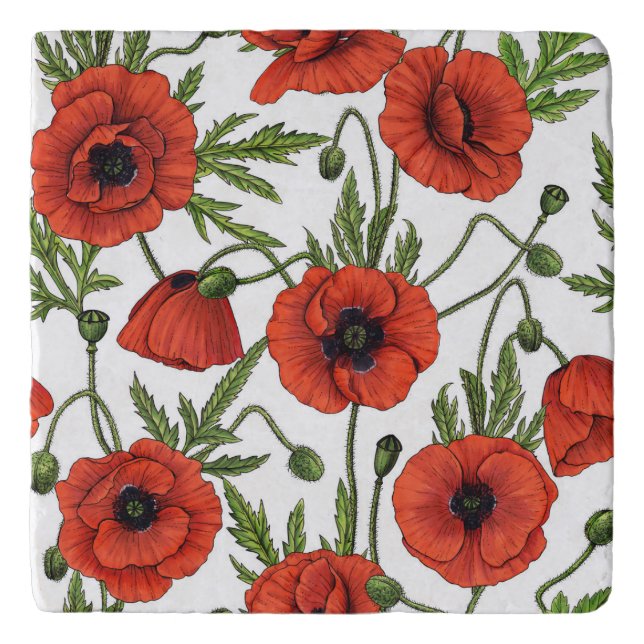 Poppies, red and green on  white trivet (Front)