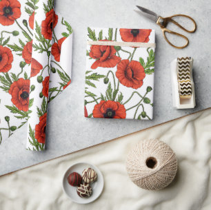 Poppies, red and green on white wrapping paper