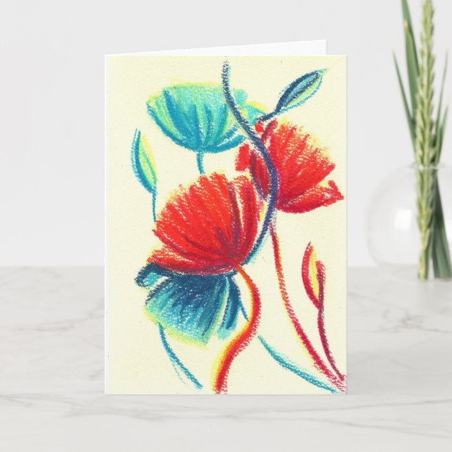 Poppies Red Blue Greeting Card (Front)