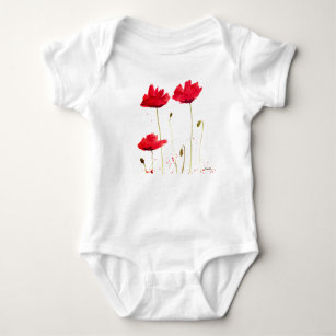 Poppies red floral watercolor summer baby bodysuit