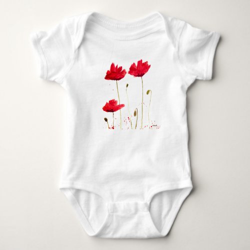 Poppies red floral watercolor summer baby bodysuit