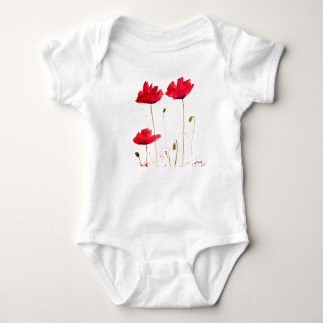 Poppies red floral watercolor summer baby bodysuit (Front)