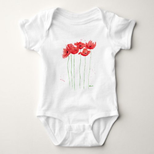 Poppies red floral watercolor summer baby bodysuit