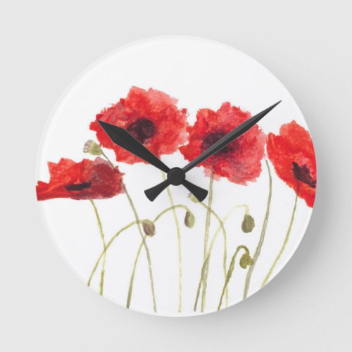 Poppies red flowers Poppy watercolor floral rustic Round Clock