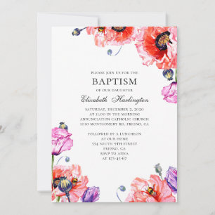 Poppies. Red garden flowers. Summer floral baptism Invitation