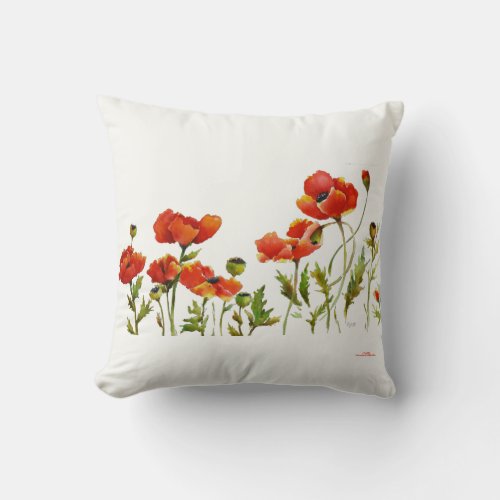 Poppies Red in a Row watercolor white background  Throw Pillow