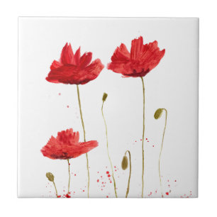 Poppies red poppy watercolor flowers rustic ceramic tile