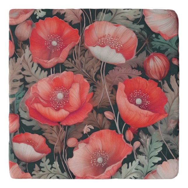 Poppies red vintage  trivet (Front)