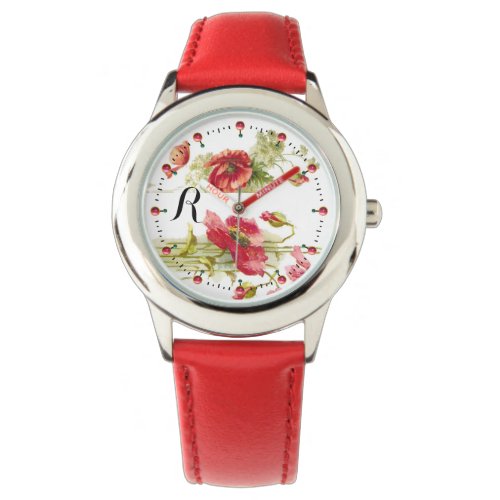 POPPIES Red White Floral Monogram Watch