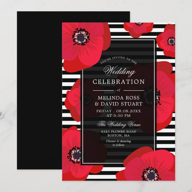 Poppies & Stripes - Black & Red Wedding Invitation (Front/Back)