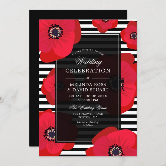 Poppies & Stripes - Black & Red Wedding Invitation (Front/Back)