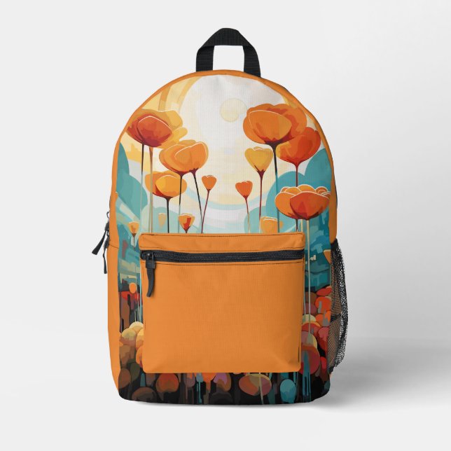 Poppies sunrise orange custom name printed backpack (Front)