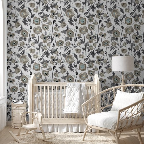 Poppies Taupe Watercolor Floral Pattern Wallpaper