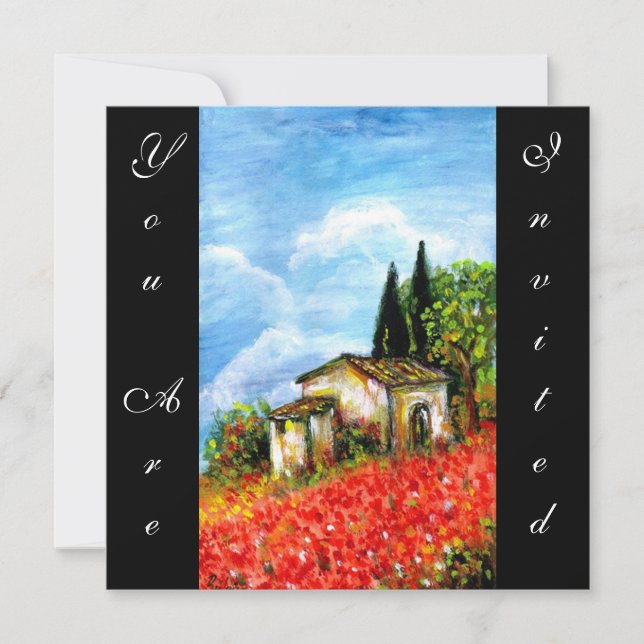POPPIES TUSCANY LANDSCAPE Red Flower Fields Black Invitation (Front)