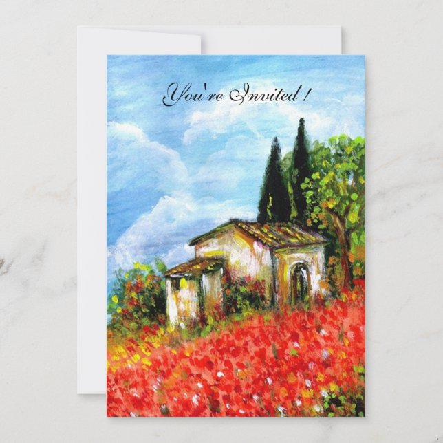 POPPIES TUSCANY LANDSCAPE Red Flower Fields White Invitation (Front)