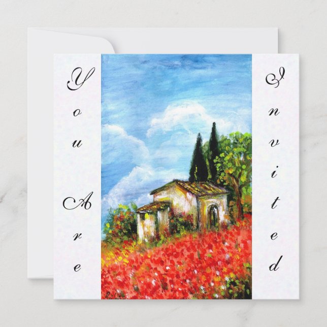 POPPIES TUSCANY LANDSCAPE Red Flower Fields White Invitation (Front)