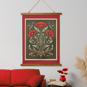 Poppies Vintage Gold Red Art Nouveau Hanging Tapestry