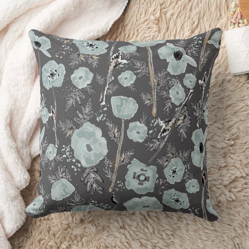  Poppies Watercolor Floral  Blue Black Flowers Throw Pillow