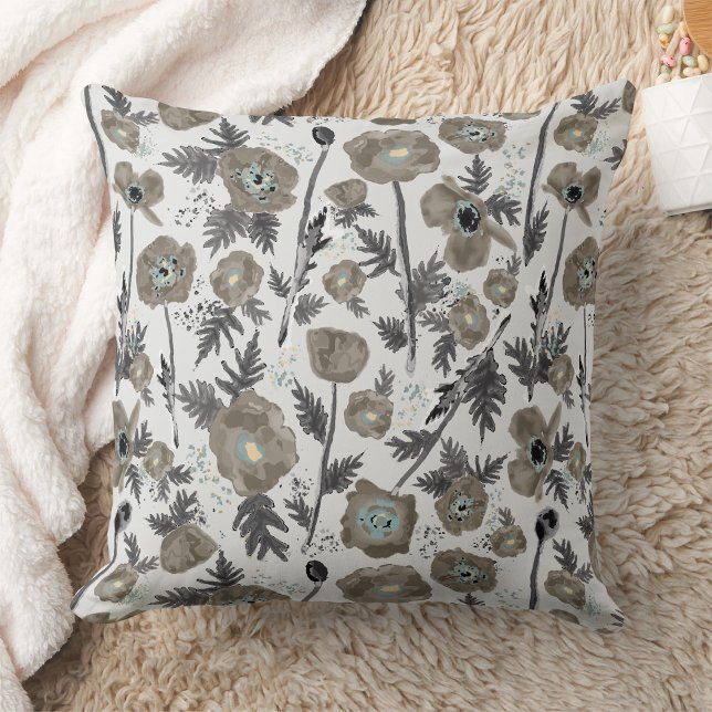 Poppies Watercolor Floral Pattern Throw Pillow (Poppies Modern Gray Blue Watercolor Floral Pattern Throw Pillow from Jenn Steffen Studio Posies. )