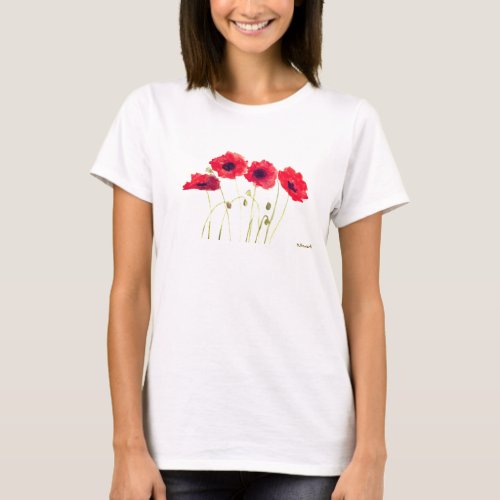 Poppies Watercolor Floral Pretty Red Poppy T_Shirt