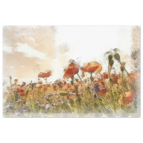 Poppies Watercolor Landscape Decoupage Tissue Paper