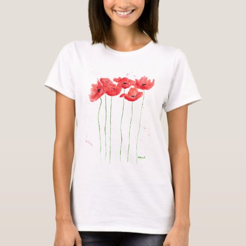 Poppies watercolor red floral nature poppy  T_Shirt