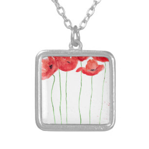 Poppies watercolor Red flowers floral California Silver Plated Necklace