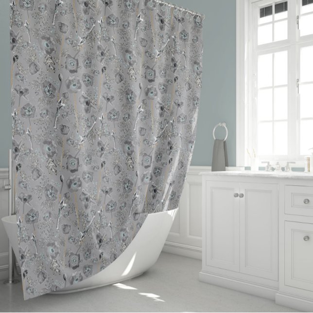 Poppies Watercolor Shower Curtain (Poppies Gray Light Blue Watercolor Floral Pattern Shower Curtain from Studio Posies.)