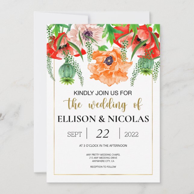 Poppies Watercolor Wedding Invitation (Front)