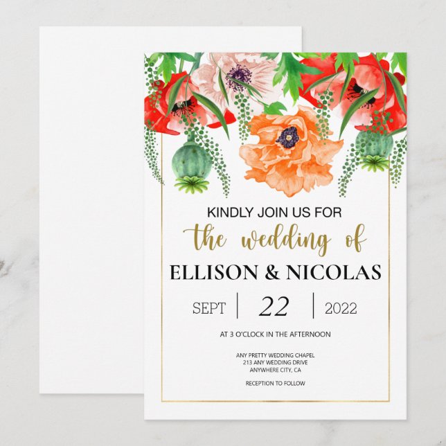 Poppies Watercolor Wedding Invitation (Front/Back)
