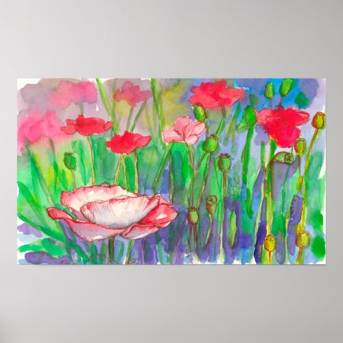 Poppies Watercolor Wildflowers Bright Red Poster