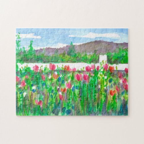 Poppies Wildflower Field Watercolor Flowe Painting Jigsaw Puzzle