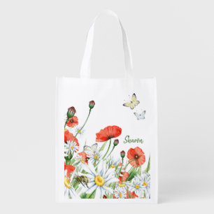 Poppies, Wildflowers, and Butterflies Floral Grocery Bag