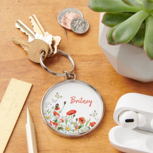 Poppies Wildflowers and Butterflies Floral Keychain