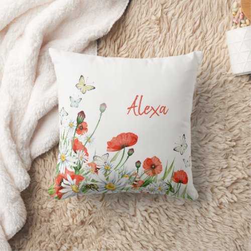 Poppies Wildflowers and Butterflies Floral Throw Pillow