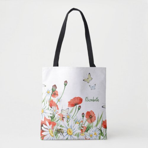Poppies Wildflowers and Butterflies Floral Tote Bag
