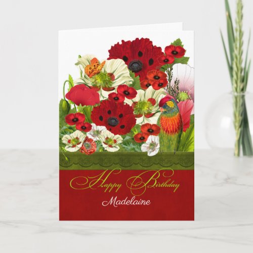 Poppies with Lorikeet Parrot and Name Birthday Card