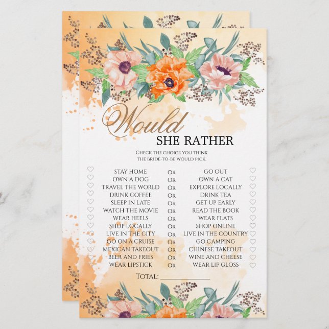 Poppies Would she rather bridal shower game (Front/Back)