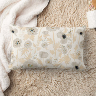 Poppies Yellow Gold Gray Blue Watercolor Floral Lumbar Pillow
