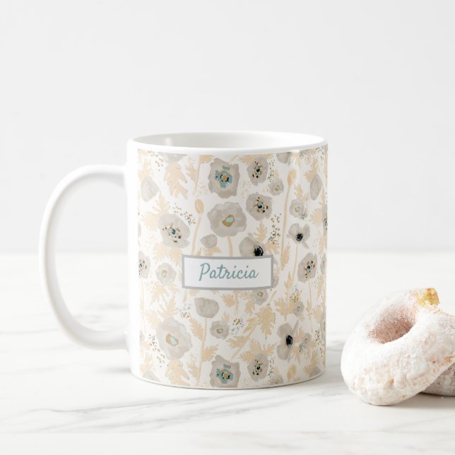 Poppies Yellow Gray Watercolor Customizable Name  Coffee Mug (With Donut)