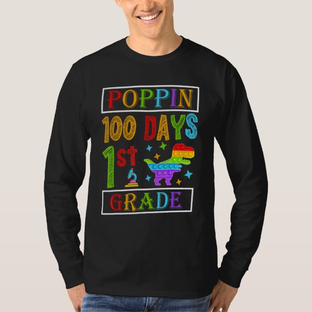 Poppin 100 Days 1st Grade Dinosaur Elementary Kid  T-Shirt (Front)